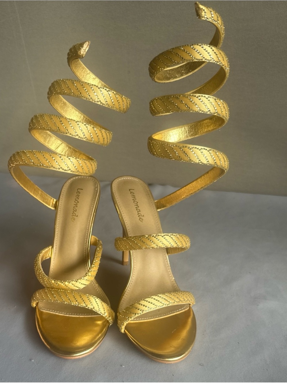 Lemon Gold Spiral Wrap Stiletto Sandals size 10